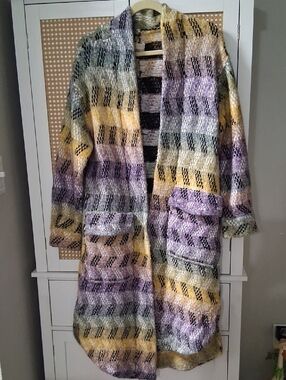 Pilcro Multi-Striped Open Front Cardigan in Purple, Yellow, Green and Cream